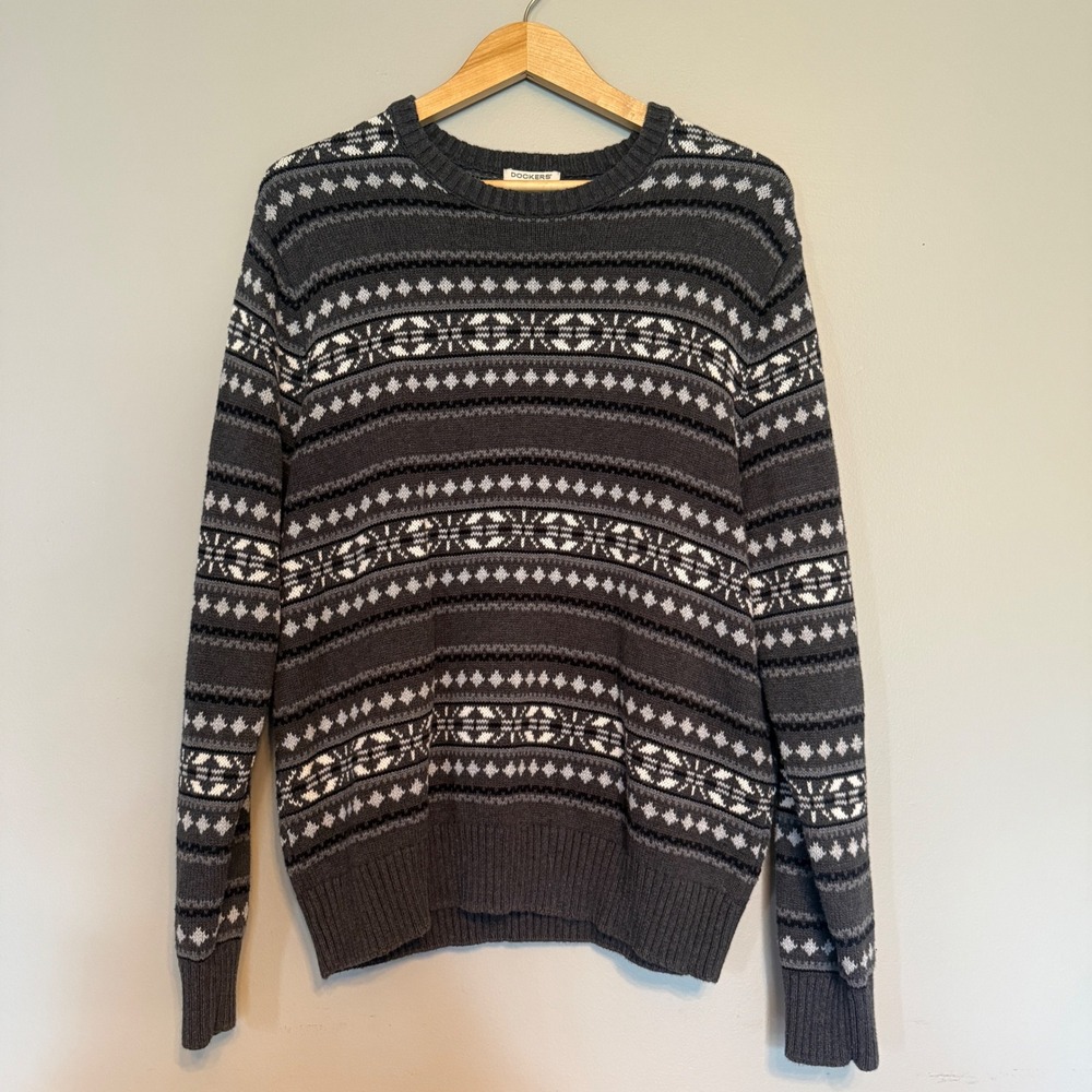 Dockers Mens Fair Isle Crewneck Sweater Gray‎ Black White Cotton Knit Large